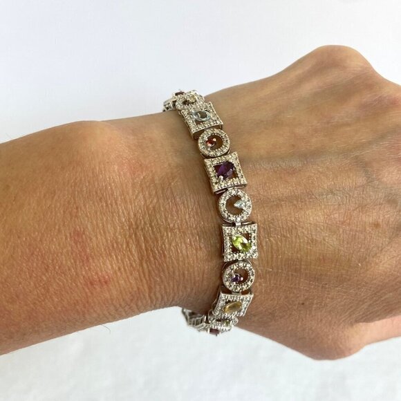 Ross-Simons Sterling Silver 925 Multi Gemstone Geometric Link Tennis Bracelet - Picture 1 of 16